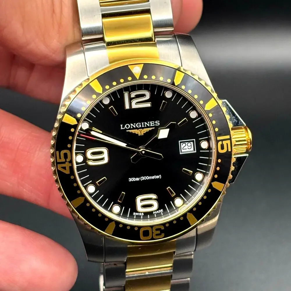 Longines HydroConquest L3.740.3.56.7  Mens 41mm Two-Tone Black Dial Diver Watch